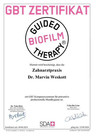 Zertifikat GBT-Kompetenzzentrum der Swiss Dental Academy für die Zahnarztpraxis Dr. Weskott